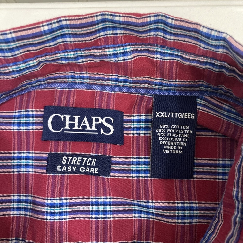 Chaps Men XXL Red and Blue Plaid Button Down Shirt Long Sleeves Stretch - Picture 3 of 8